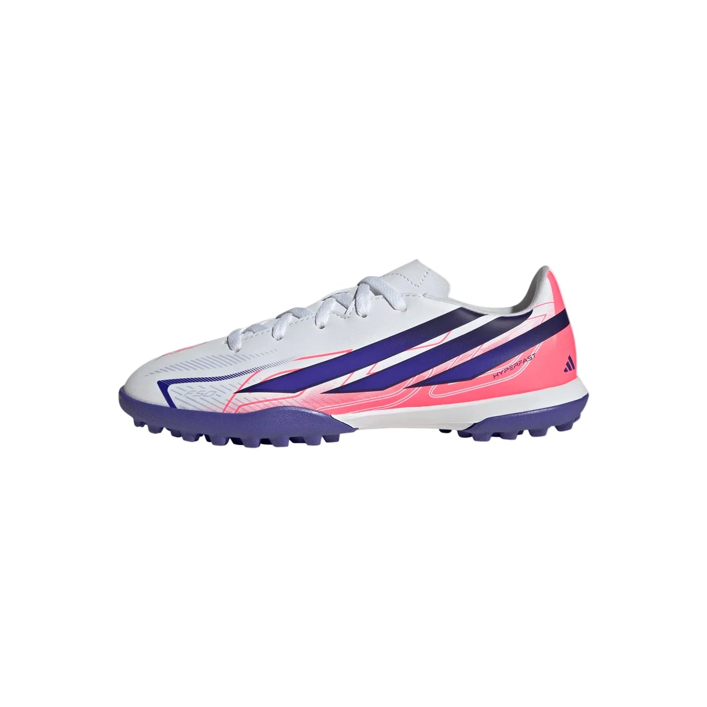 adidas Youth F50 Hyperfast Club Turf- White/Solar Purple/Solar Turbo