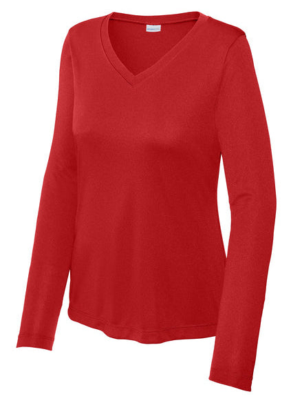 Brother Martin Sport-Tek Women's PosiCharge Competitor LS V-Neck Tee Brother Martin 25 Deep Red Womens Small - Third Coast Soccer