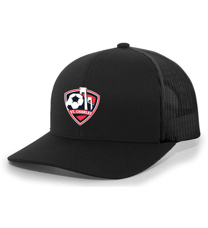 TCS SCSL FlexFit Premium Trucker Hat St. Charles Soccer Spiritwear Black/Black Full Color - Third Coast Soccer