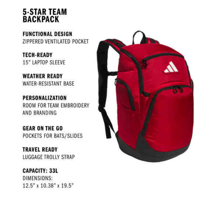 adidas 5-Star Team 2 Backpack - Red Bags - Third Coast Soccer