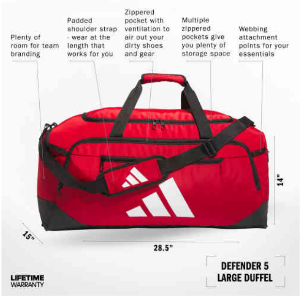 adidas Defender 5 Large Duffel - Red Bags - Third Coast Soccer