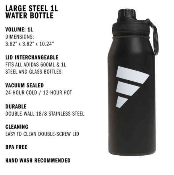 adidas Large Steel 1L Metal Bottle - Black/White Player Accessories - Third Coast Soccer