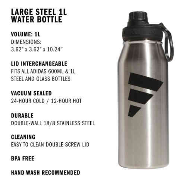 adidas Large Steel 1L Metal Bottle - Stainless Steel Player Accessories - Third Coast Soccer