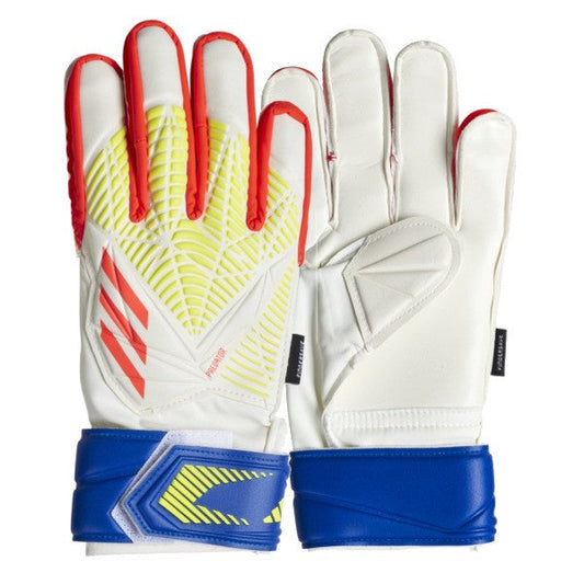 adidas Junior Predator Match Fingersave Goalkeeper Glove - White/Solar Red/Cyan Gloves White/Solar Red/Bright Cyan Size 7 - Third Coast Soccer