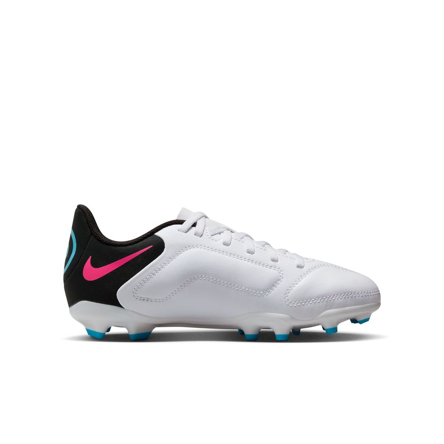 Nike Junior Tiempo Legend 9 Club FG - White/Black/Baltic Blue Youth Firm Ground White/Black/Baltic Blue/Pink Youth 1.5 - Third Coast Soccer