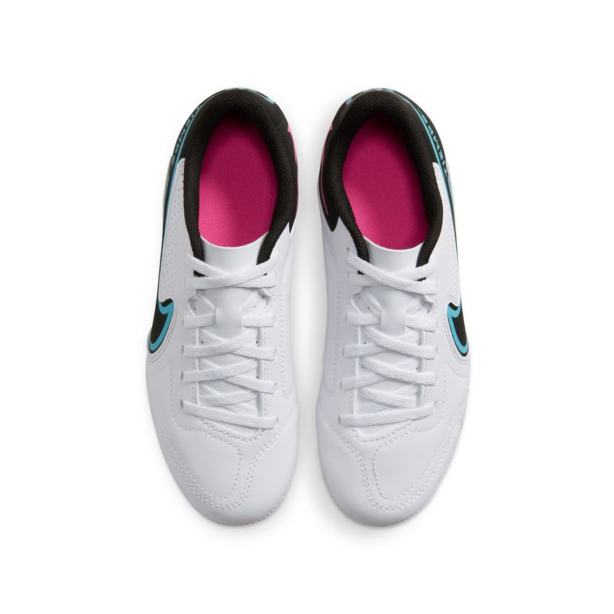Nike Junior Tiempo Legend 9 Club FG - White/Black/Baltic Blue Youth Firm Ground White/Black/Baltic Blue/Pink Youth 3 - Third Coast Soccer