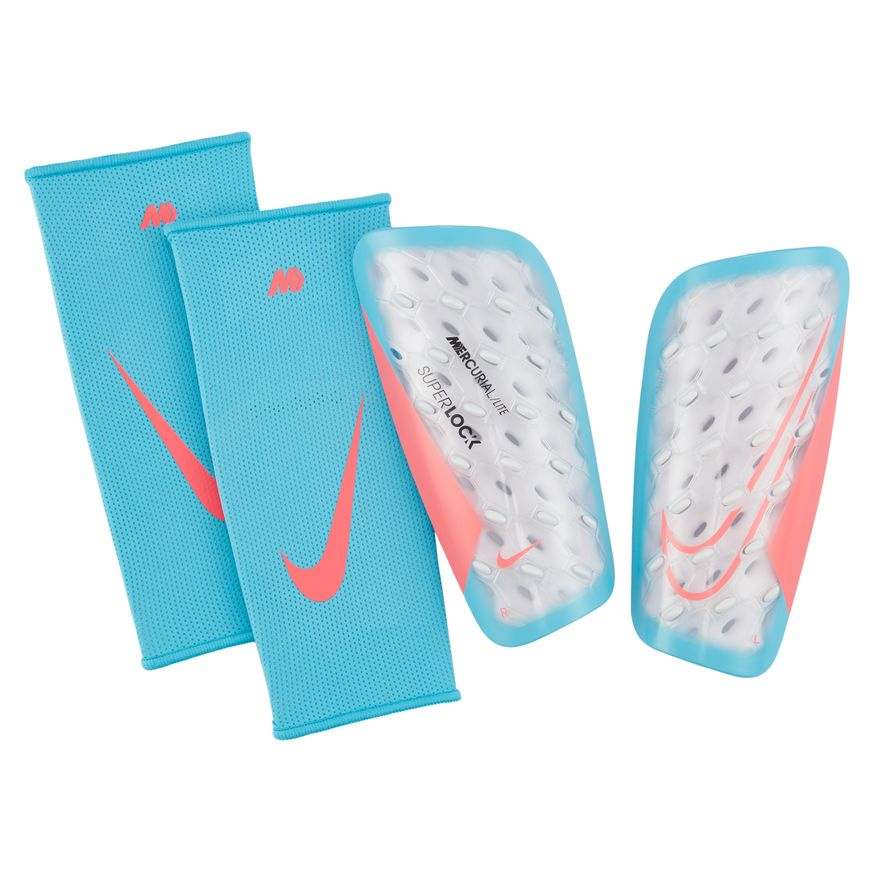 Nike Mercurial Lite Superlock Shin Guard - White/Baltic Blue/Hot Punch Adult Shinguards White/Baltic Blue/Hot Punch Small - Third Coast Soccer
