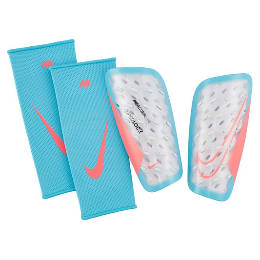 Nike Mercurial Lite Superlock Shin Guard - White/Baltic Blue/Hot Punch Adult Shinguards White/Baltic Blue/Hot Punch Small - Third Coast Soccer