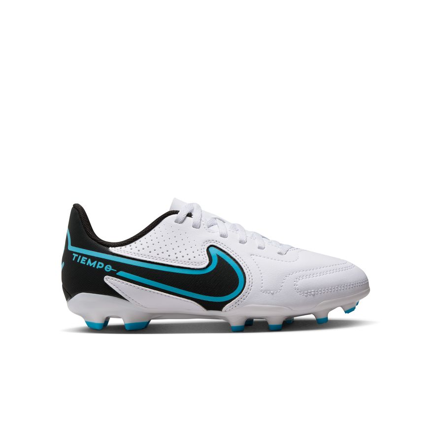 Nike Junior Tiempo Legend 9 Club FG - White/Black/Baltic Blue Youth Firm Ground White/Black/Baltic Blue/Pink Youth 2 - Third Coast Soccer