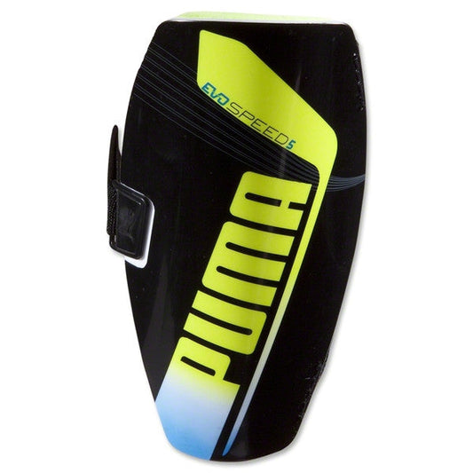 PUMA EvoSpeed 5.2 Slip NOCSAE Adult Shinguards Black/Fluo Yellow/Blue Small - Third Coast Soccer