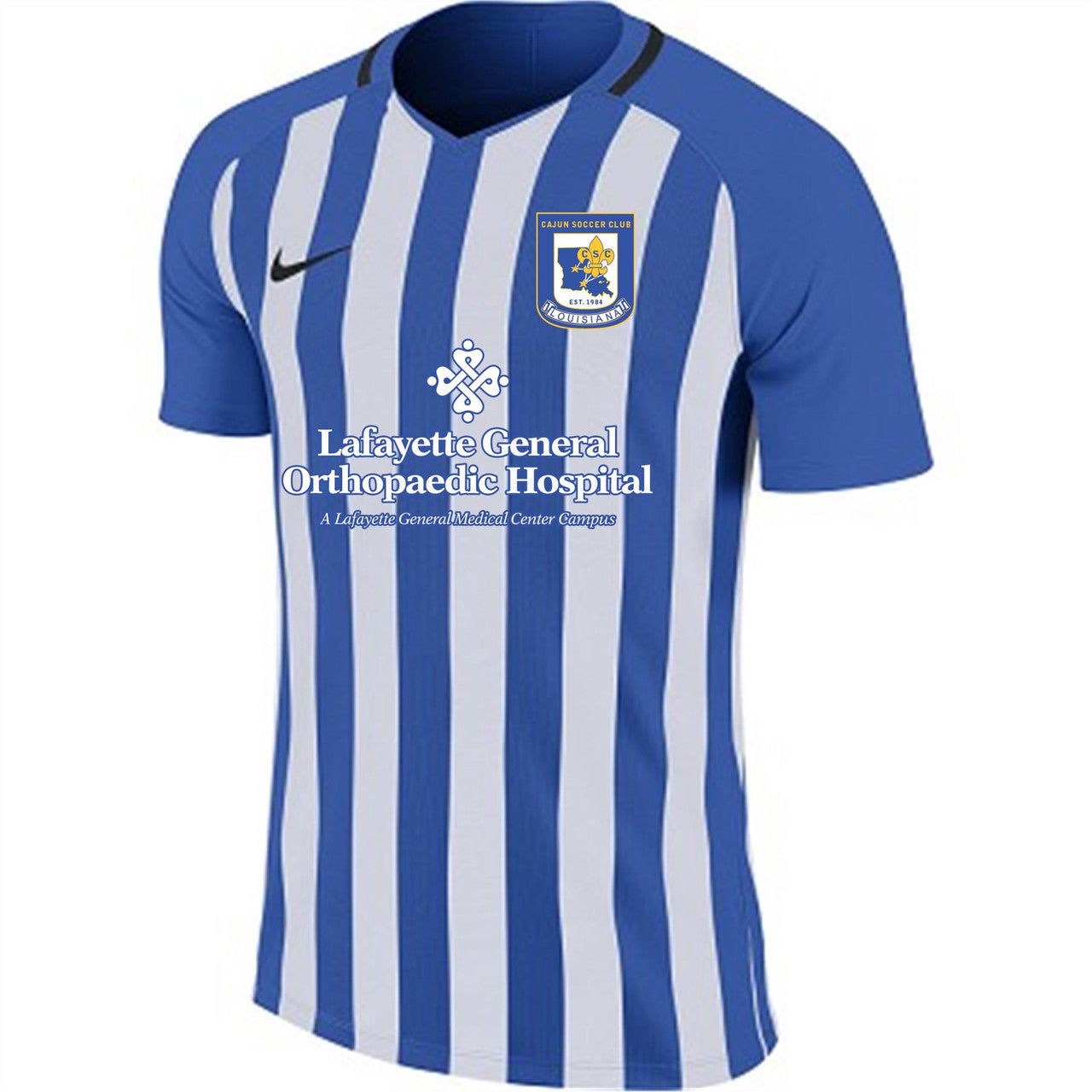 Nike CSC Men's Striped Division II Jersey Cajun Soccer Club Royal/White Mens Small - Third Coast Soccer