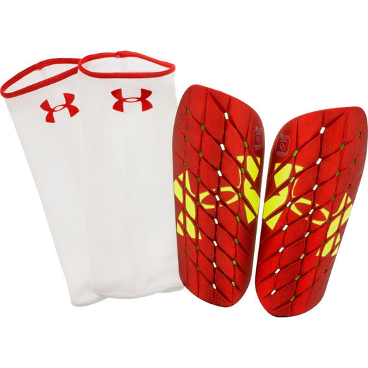 Under Armour Flex Pro Shinguard Adult Shinguards Red/Hi Vis Yellow Small - Third Coast Soccer