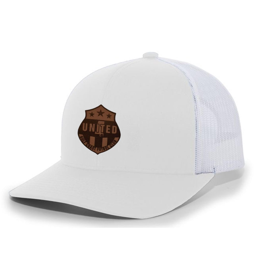 TCS Gulf Coast United Trucker Hat Gulf Coast United Spiritwear White/White Leather Patch - Third Coast Soccer